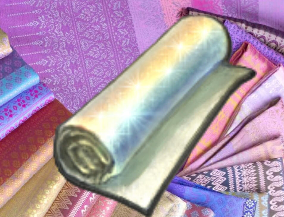 WOVEN UL'DAHN SILK BLENDS - Various Colors. Today's Market Blends: GOLD/ORANGE, ORANGE/GREEN, BLUE/VIOLET, GOLD/BLUE, RED/GOLD, PINK/FUSCHIA, BLACK/GOLD - Sold per bolt. [HEFTY AMOUNT OF GIL]